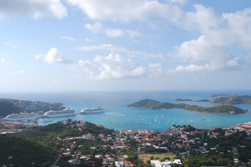 Cruise ships can be seen in the distance from high up in the hills of St. Thomas.