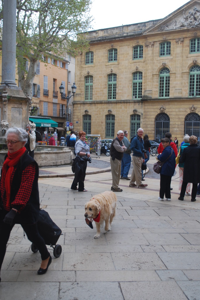 There were many well behaved, unleashed dogs in France. This one carrying his own "doggy bag."