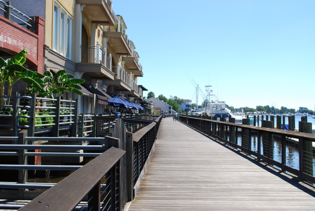Shops and restaurants line the boardwalk in Georgetown.