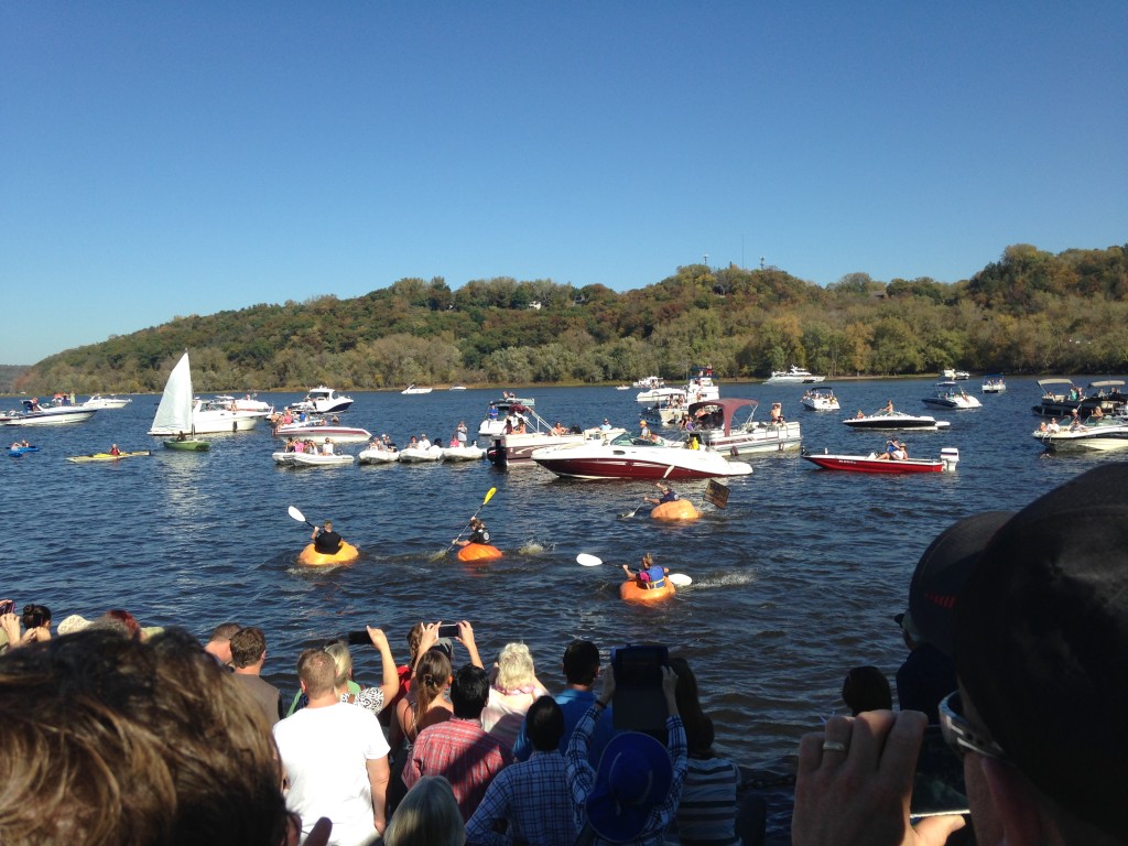The boats on the river had the best view of the pumpkin regatta